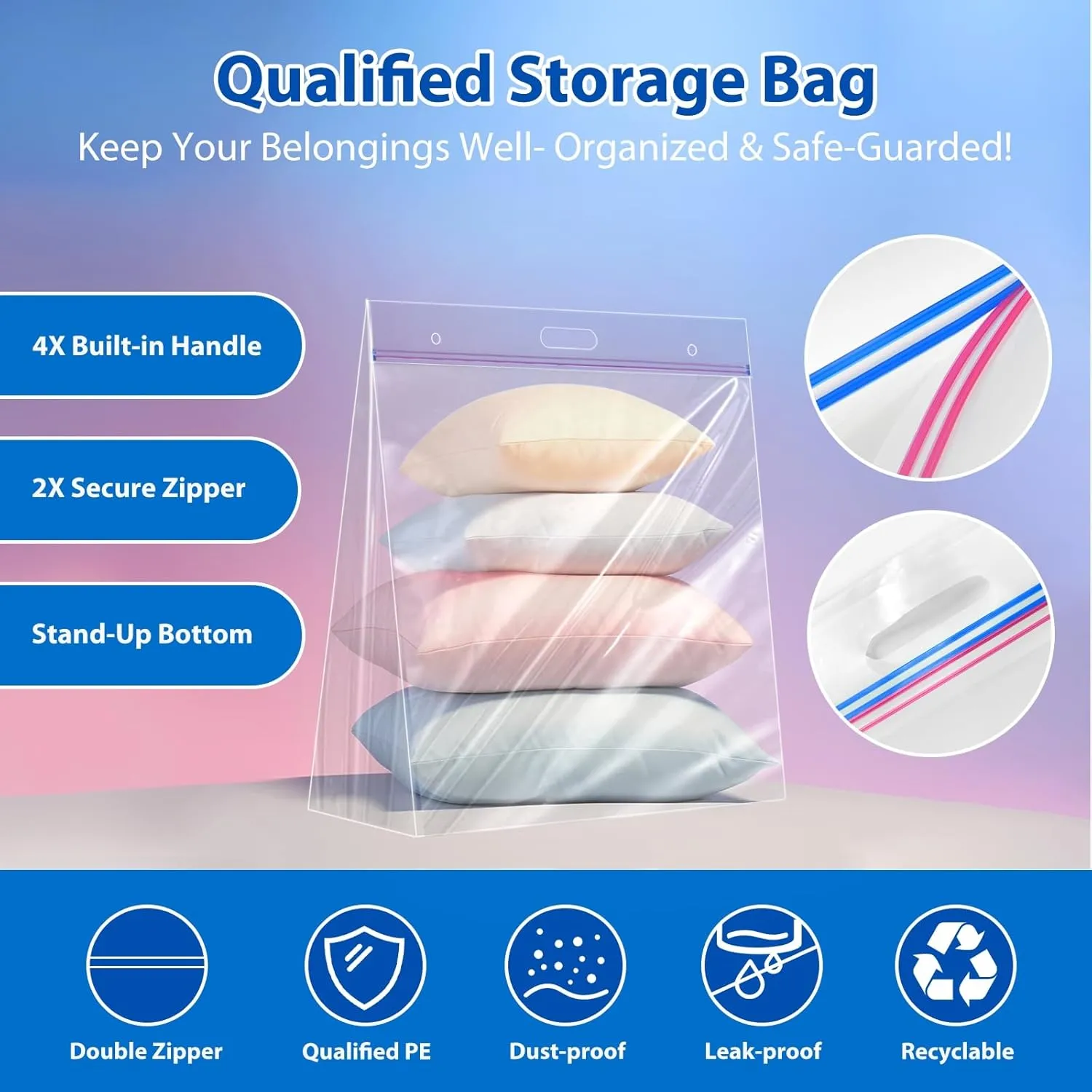 10 Gallon Jumbo Storage Bags with Handle, Pack of 12, 24 x 24 Inch Clear Plastic Heavy Duty Ziplock Handy Storage Bag, Resealable Extra Large Huge Zipper Storage Bag for Linens, Clothes, 3 Mil Thick