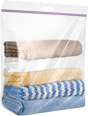 10 Gallon Jumbo Storage Bags with Handle, Pack of 12, 24 x 24 Inch Clear Plastic Heavy Duty Ziplock Handy Storage Bag, Resealable Extra Large Huge Zipper Storage Bag for Linens, Clothes, 3 Mil Thick