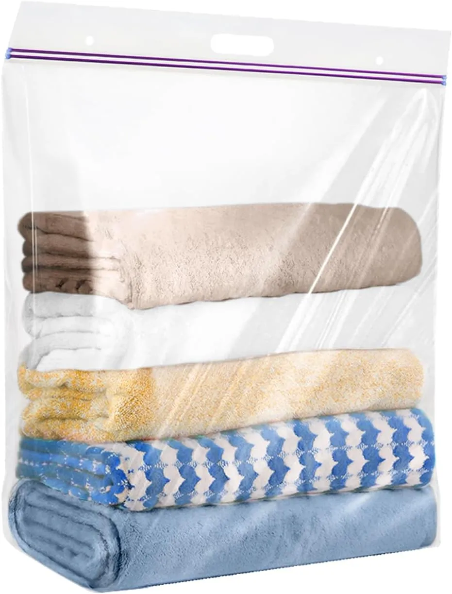 10 Gallon Jumbo Storage Bags with Handle, Pack of 12, 24 x 24 Inch Clear Plastic Heavy Duty Ziplock Handy Storage Bag, Resealable Extra Large Huge Zipper Storage Bag for Linens, Clothes, 3 Mil Thick