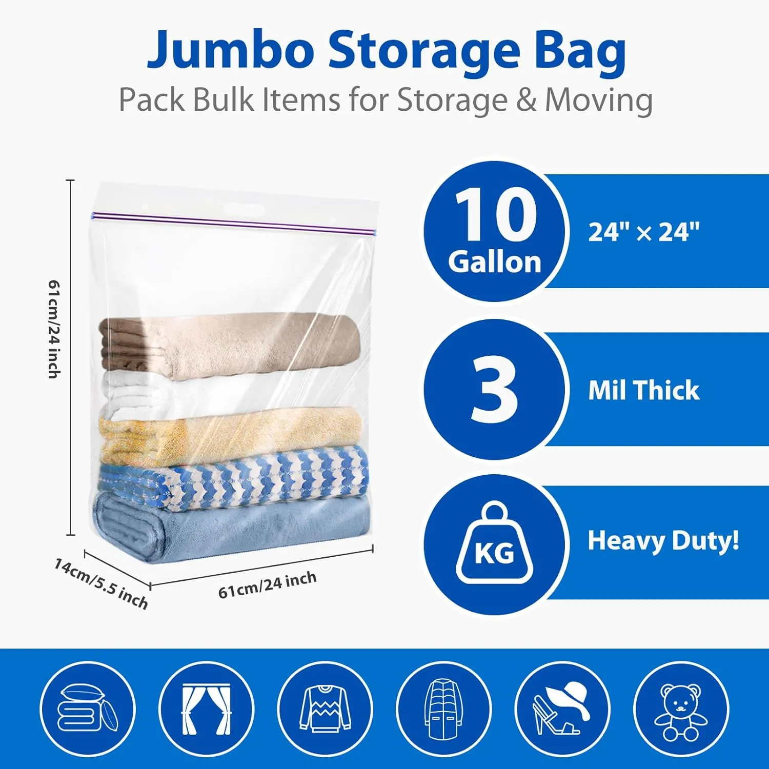 10 Gallon Jumbo Storage Bags with Handle, Pack of 12, 24 x 24 Inch Clear Plastic Heavy Duty Ziplock Handy Storage Bag, Resealable Extra Large Huge Zipper Storage Bag for Linens, Clothes, 3 Mil Thick