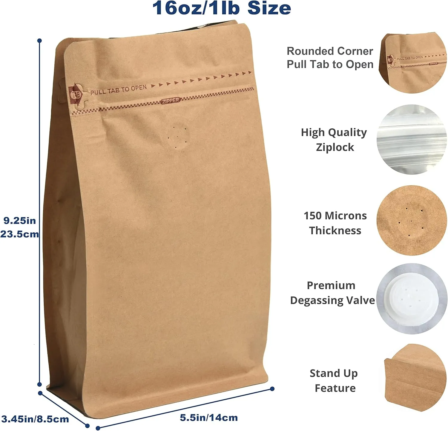 100 Count 16oz/1lb Kraft Paper Coffee Bags - High Barrier Kraft & Foil Liner - Flat Bottom Coffee Pouches with Degassing Valve, Rsealable Zipper & Easy Open Tape (100pcs)