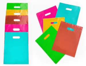 100 Multicolor Goodie Bags 9"x12" Size Great for Merchandise Party Favor as Goody Bags 5 Colors in Total: Pink Teal Gold Lime Green Red