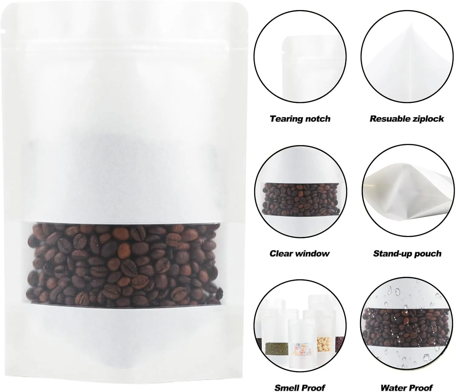 100 Pack Bags, Resealable Bags with Clear Window, Stand-up Bags for Sealing Storage, Scratch Resistant Hand Storage Bags. (White, 6.3×9.45 Inch)