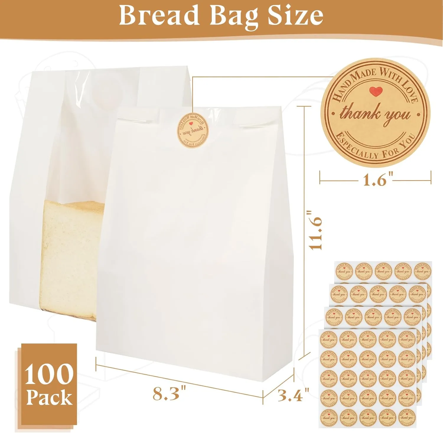 100 Pack Bread Bags for Homemade Bread, Large Paper Bakery Sourdough Bag with Window & Label Seal Stickers for Toast Cookies Snacks