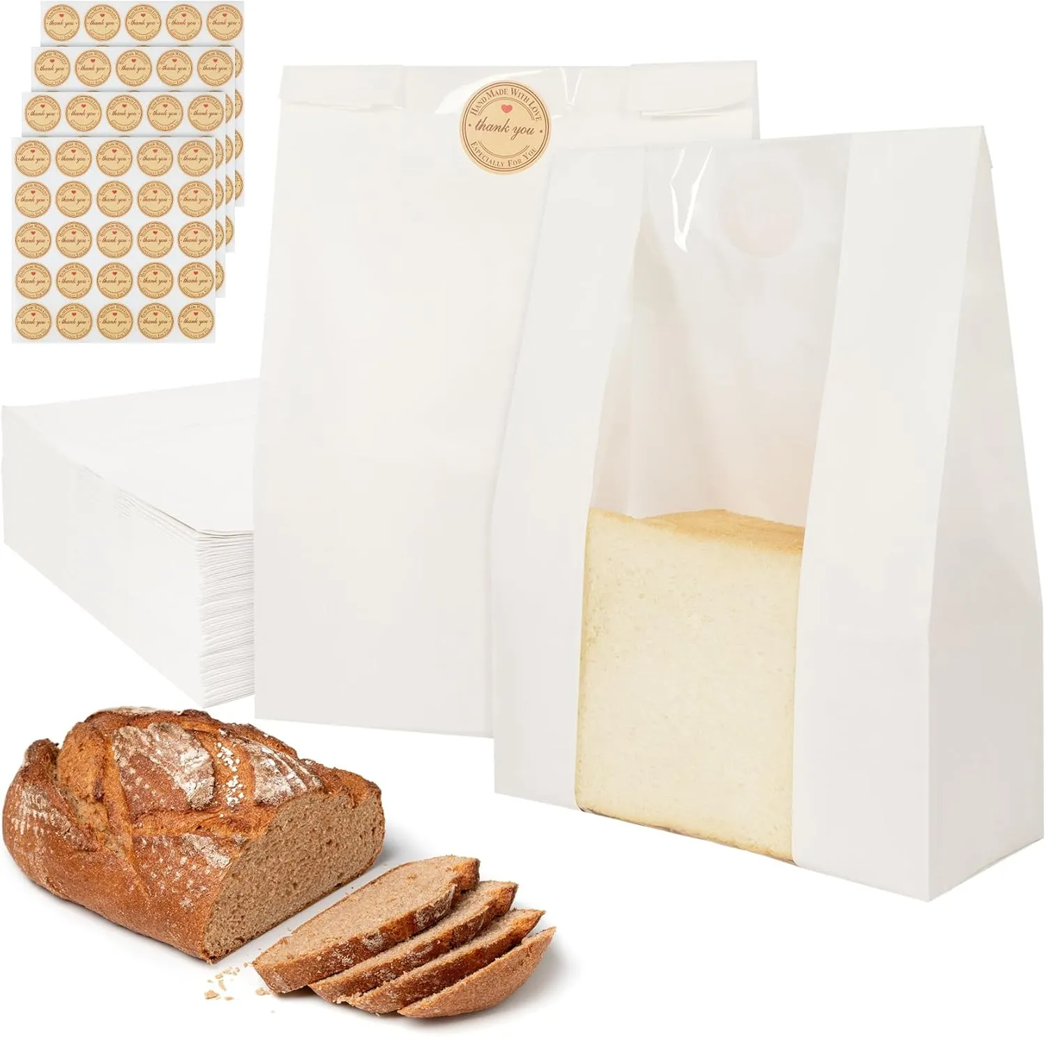 100 Pack Bread Bags for Homemade Bread, Large Paper Bakery Sourdough Bag with Window & Label Seal Stickers for Toast Cookies Snacks