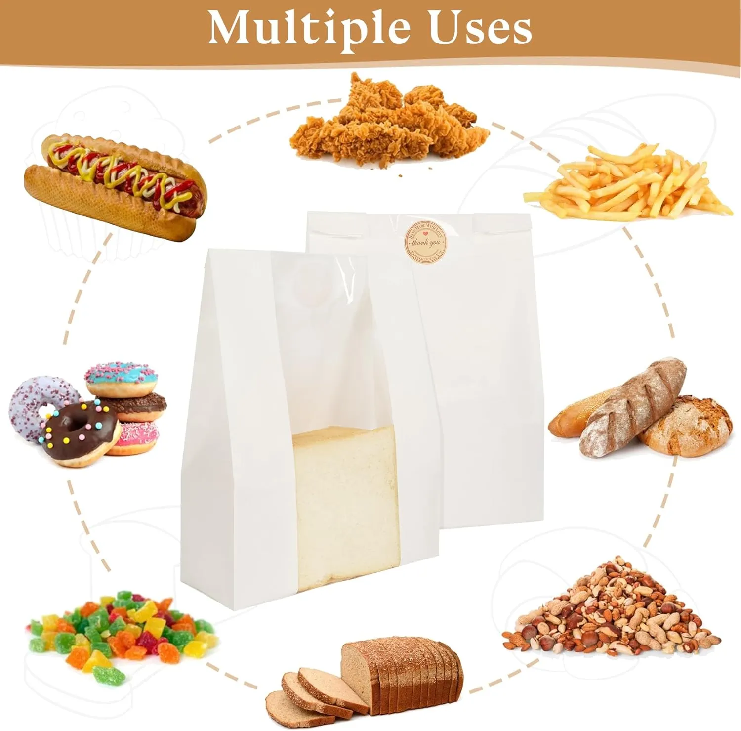 100 Pack Bread Bags for Homemade Bread, Large Paper Bakery Sourdough Bag with Window & Label Seal Stickers for Toast Cookies Snacks