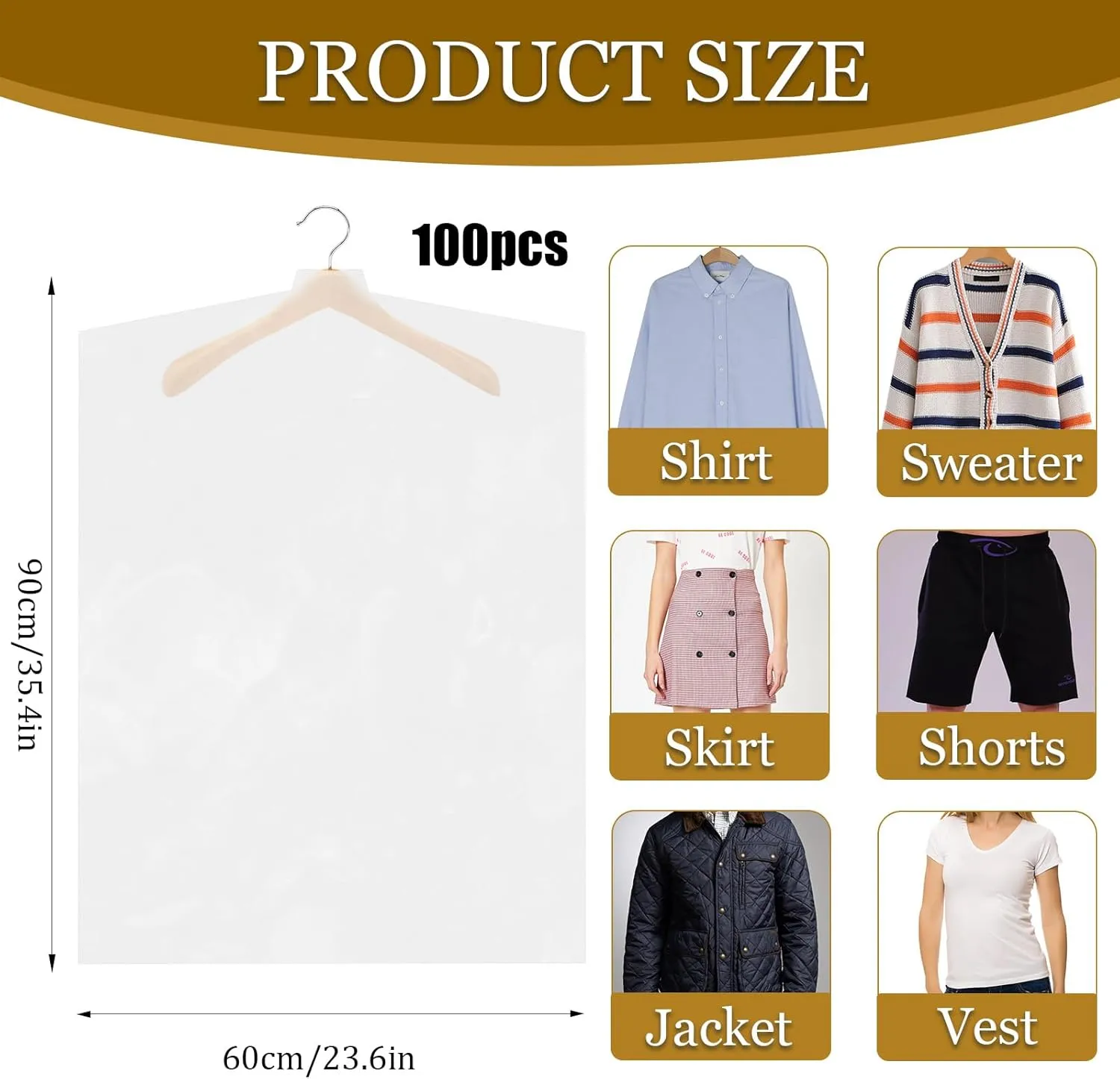 100 Pack Garment Bags for Hanging Clothes 35.4" Plastic Clear Garment Bags Dry Cleaner Bags Transparent Dust-proof Clothes Covers Bags for Closet Storage, Dry Cleaner, Travel