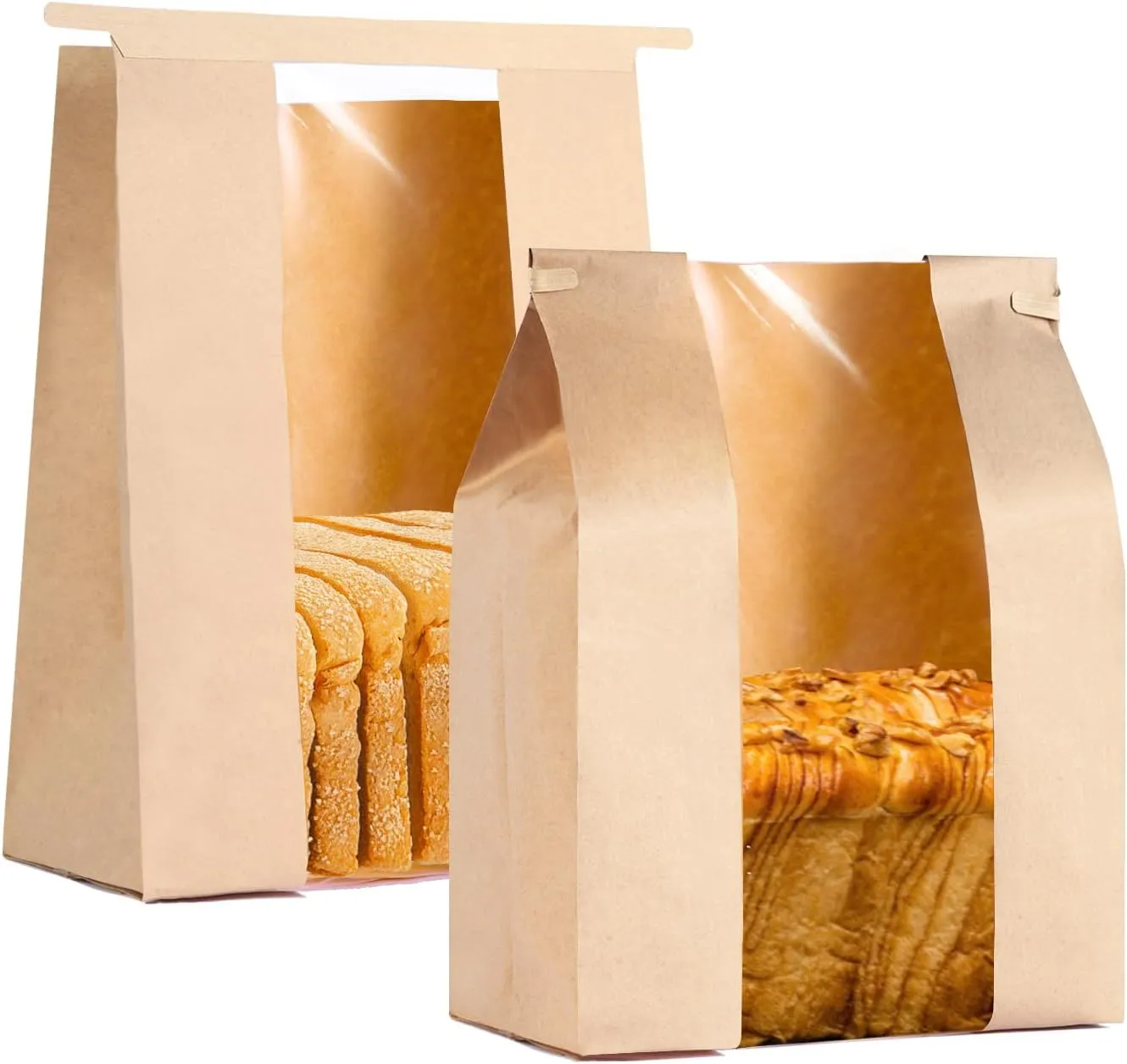100 Pack Large Paper Bread Bags for Homemade Bread with Tin Tie Tab Lock,14" x 8.3" x 3.5" Sourdough Kraft Loaf Bag with Clear Front Window