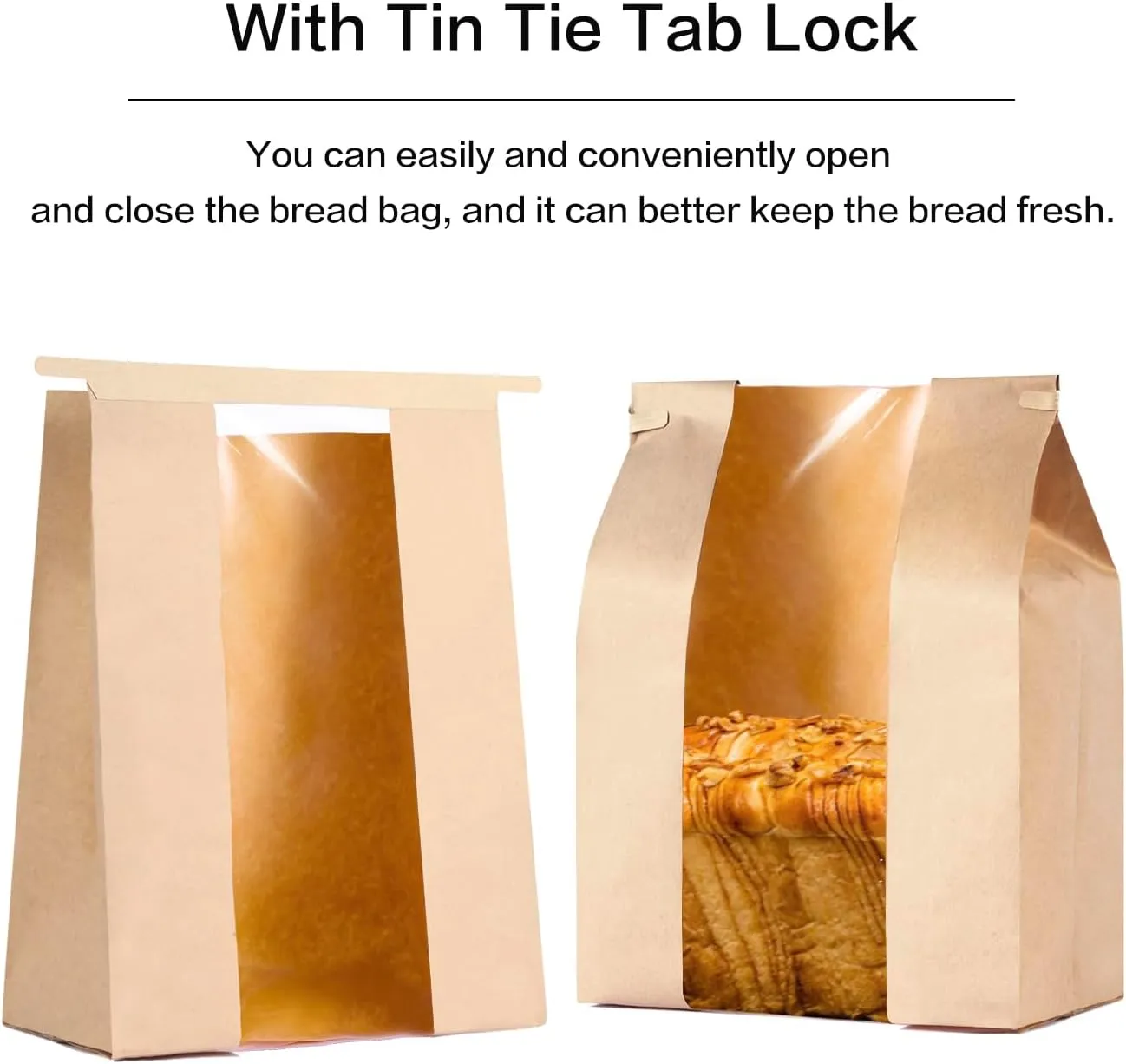 100 Pack Large Paper Bread Bags for Homemade Bread with Tin Tie Tab Lock,14" x 8.3" x 3.5" Sourdough Kraft Loaf Bag with Clear Front Window