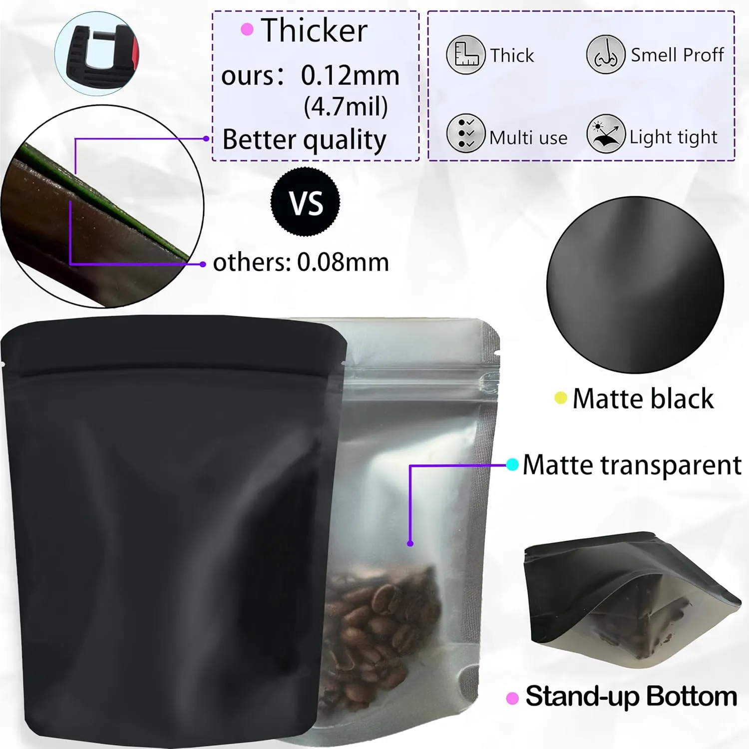 100 Pack Mylar Bags, 3.62 x 5 inchs Premium Smell Proof Bags with Double-sided matte design ，Resealable Food Storage Aluminum Foil Stand-up Packaging Bags. (3.5 Grams)