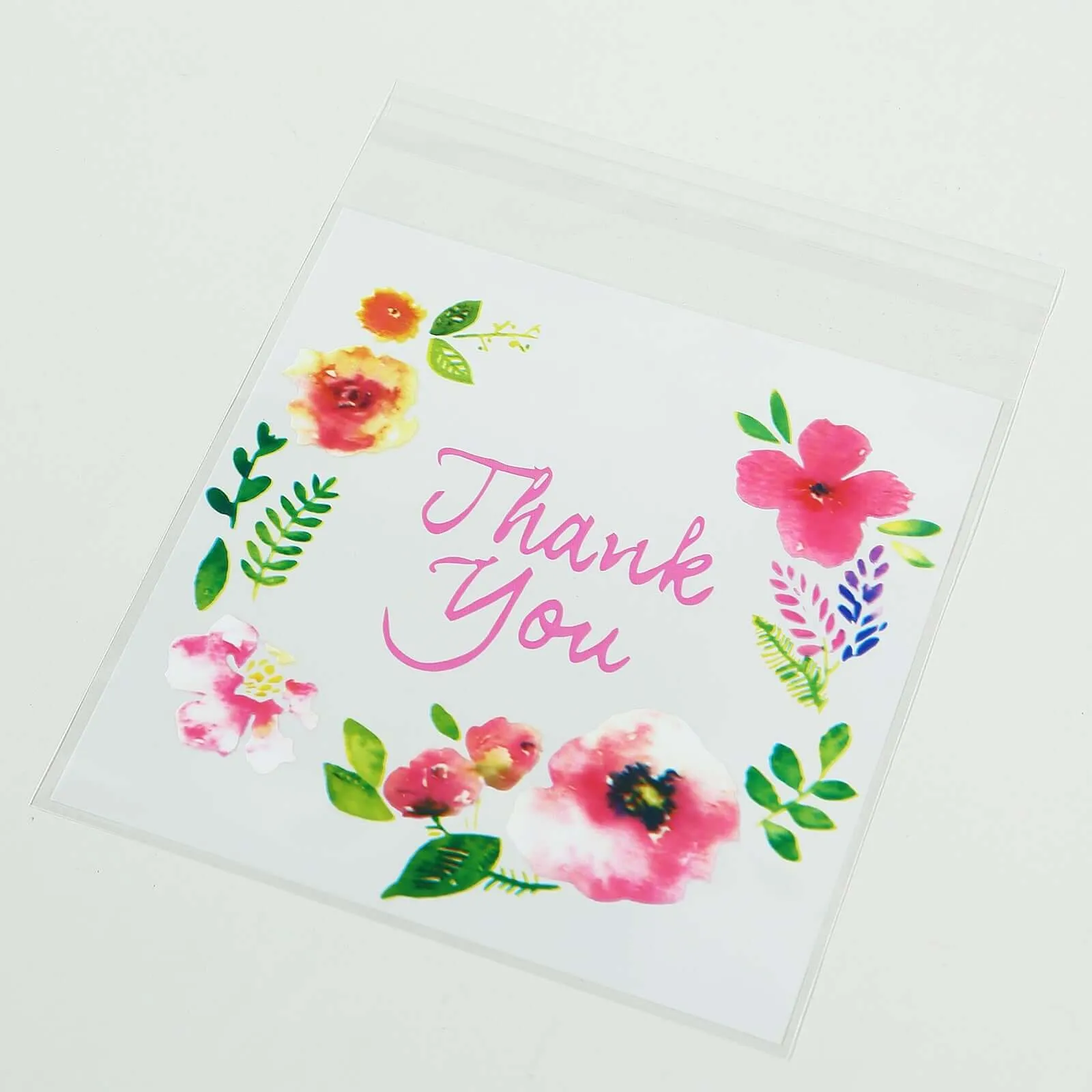 100-Pack PVC Cookie Candy Bags White/Clear - Decorative Self Adhesive Goodie Bags With "Thank You" Print & Floral Accents for Stylish Wedding Birthday Party Favors 6"x7"