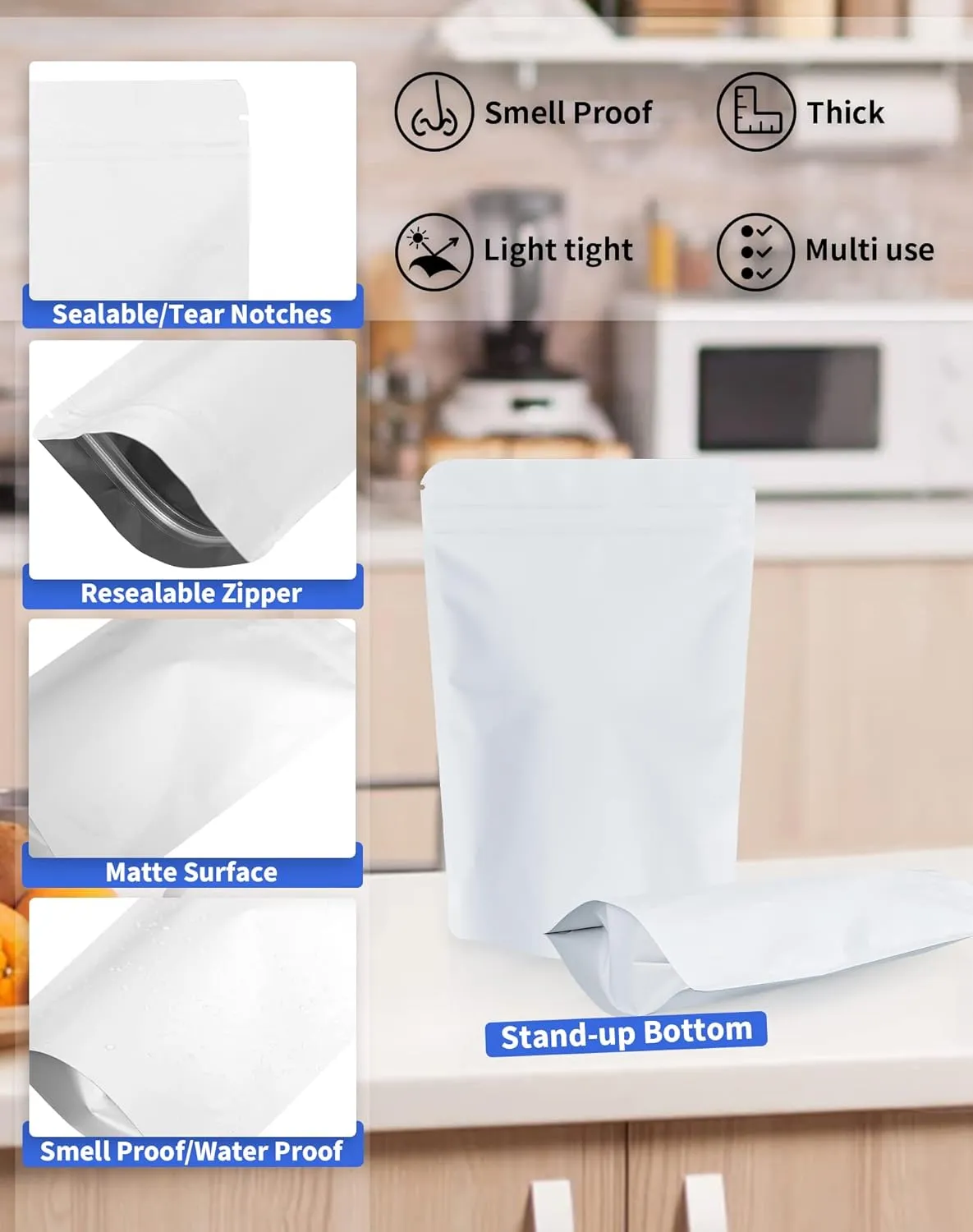 100 Pack Resealable Stand Up Bags,4.7" x 7.9" Smell Proof Pouch Sealable Foil Pouch Bags for Packaging (White)