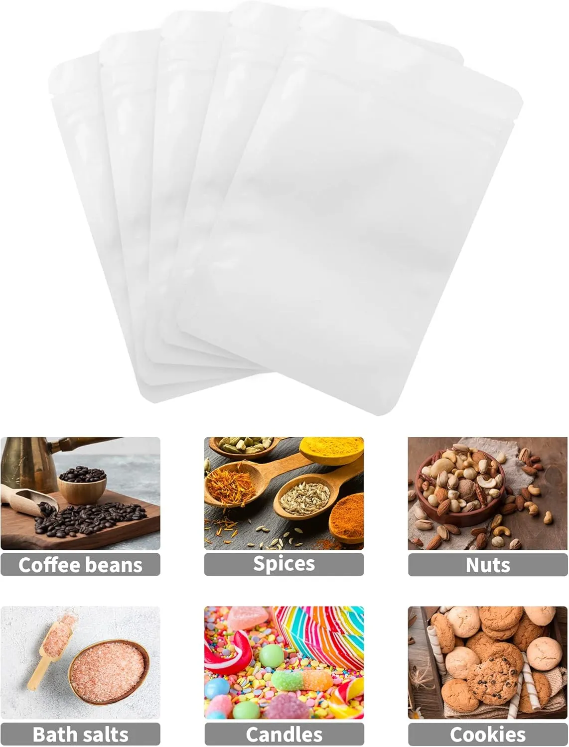 100 Pack Resealable Stand Up Bags,4.7" x 7.9" Smell Proof Pouch Sealable Foil Pouch Bags for Packaging (White)