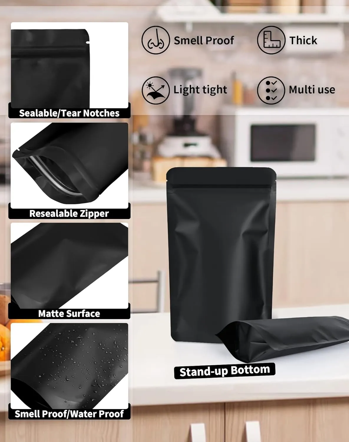 100 Pack Resealable Stand Up Bags,Smell Proof Pouch Sealable Foil Pouch Bags for Packaging (Black, 4" x 6")