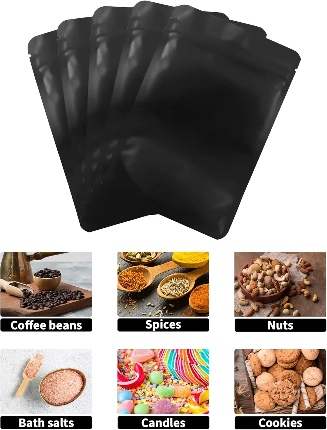 100 Pack Resealable Stand Up Bags,Smell Proof Pouch Sealable Foil Pouch Bags for Packaging (Black, 4" x 6")
