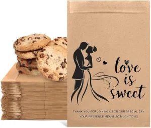 100-Pack Small Wedding Cookie Bags - 5 x 7.1 inch Kraft Paper Treat Bags with 'Love Is Sweet' Newlyweds Design, Food-Safe, Self-Adhesive for Cookies, Candy, Snacks - Perfect for Weddings