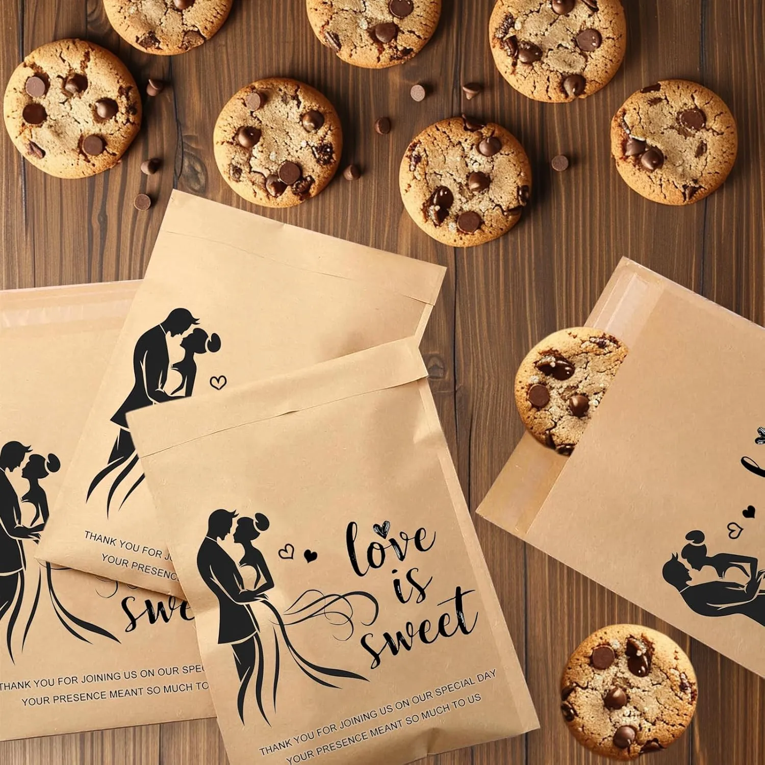 100-Pack Small Wedding Cookie Bags - 5 x 7.1 inch Kraft Paper Treat Bags with 'Love Is Sweet' Newlyweds Design, Food-Safe, Self-Adhesive for Cookies, Candy, Snacks - Perfect for Weddings