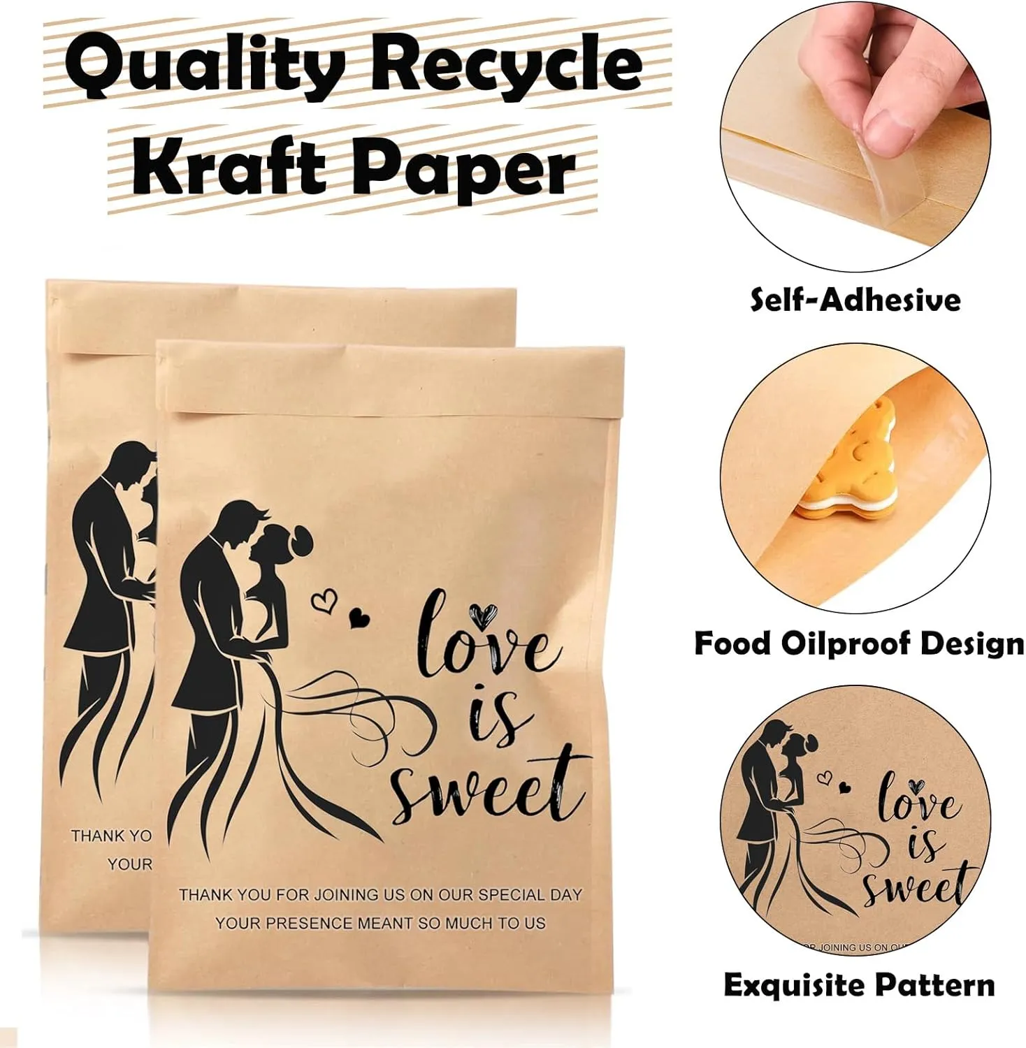 100-Pack Small Wedding Cookie Bags - 5 x 7.1 inch Kraft Paper Treat Bags with 'Love Is Sweet' Newlyweds Design, Food-Safe, Self-Adhesive for Cookies, Candy, Snacks - Perfect for Weddings