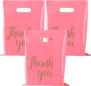 100 Pack Thank You Bags for Small Business, 9 x 12 Inch Plastic Shopping Bags with Handles Retail Merchandise Bag Extra Thick Gift Bag Bulk (Pink)
