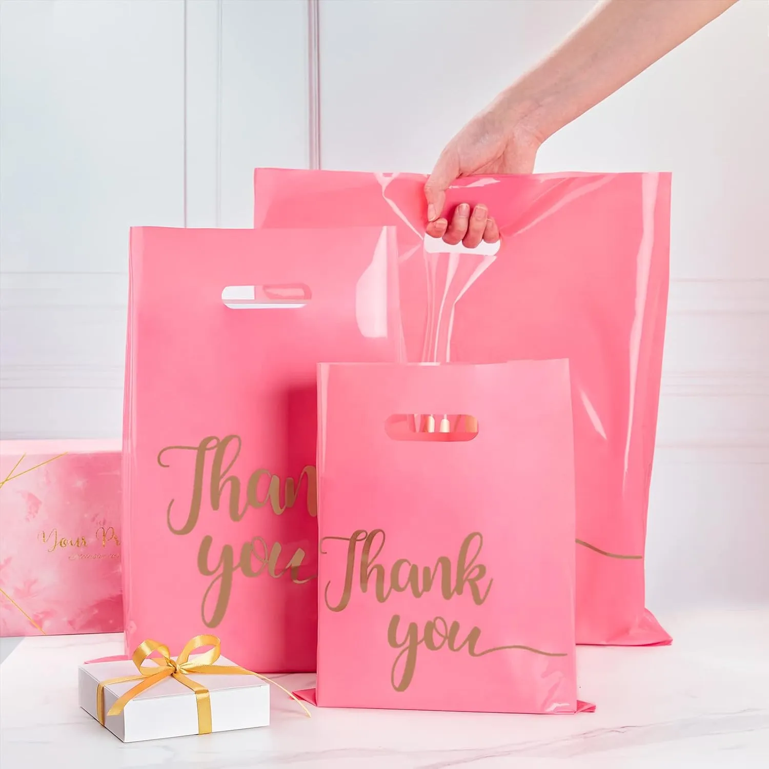 100 Pack Thank You Bags for Small Business, 9 x 12 Inch Plastic Shopping Bags with Handles Retail Merchandise Bag Extra Thick Gift Bag Bulk (Pink)