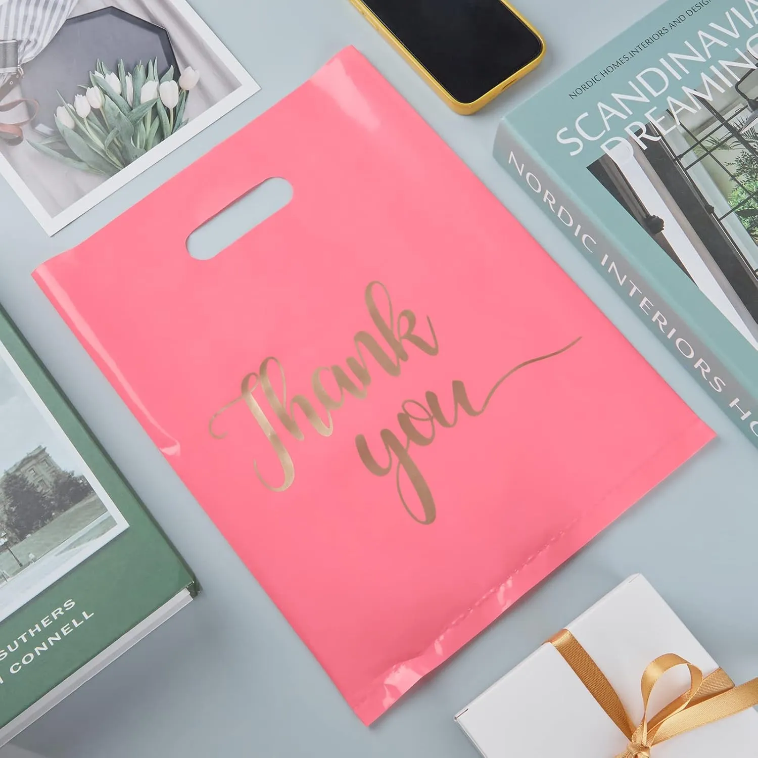 100 Pack Thank You Bags for Small Business, 9 x 12 Inch Plastic Shopping Bags with Handles Retail Merchandise Bag Extra Thick Gift Bag Bulk (Pink)
