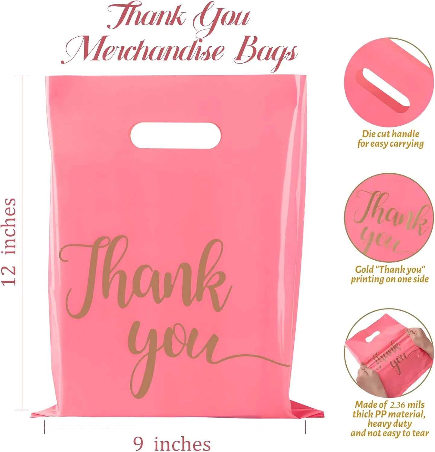 100 Pack Thank You Bags for Small Business, 9 x 12 Inch Plastic Shopping Bags with Handles Retail Merchandise Bag Extra Thick Gift Bag Bulk (Pink)