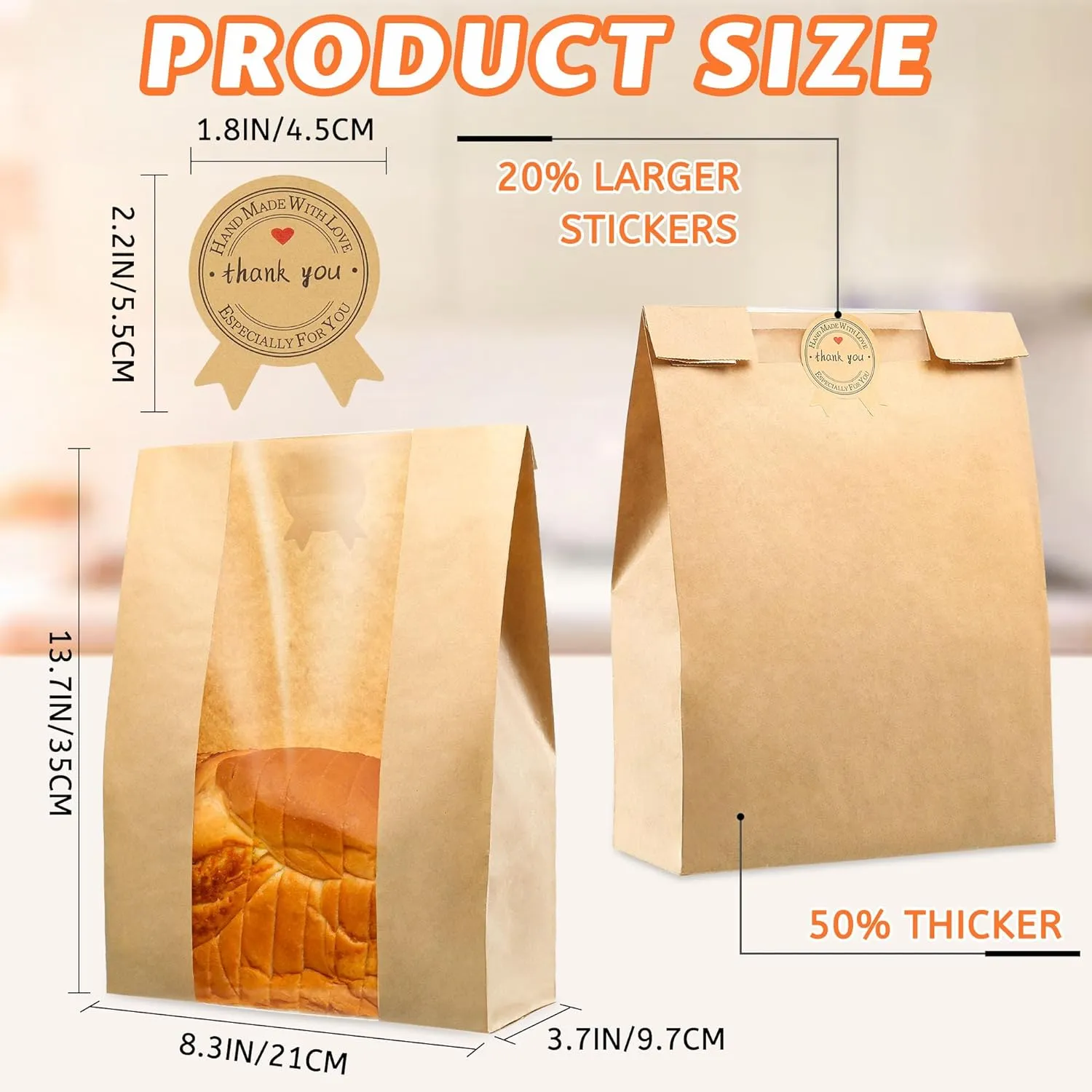 100 Pcs Bread Bags for Homemade Bread, Sourdough Paper Bags With Window, 50% Thicker 13.7x8.2x3.7in, A Large Bakery Bag Used for Storage Sourdough & Snacks, 110 Cute Sealing Stickers With Ties