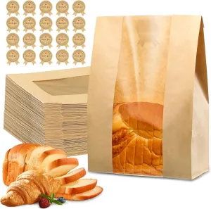 100 Pcs Bread Bags for Homemade Bread, Sourdough Paper Bags With Window, 50% Thicker 13.7x8.2x3.7in, A Large Bakery Bag Used for Storage Sourdough & Snacks, 110 Cute Sealing Stickers With Ties