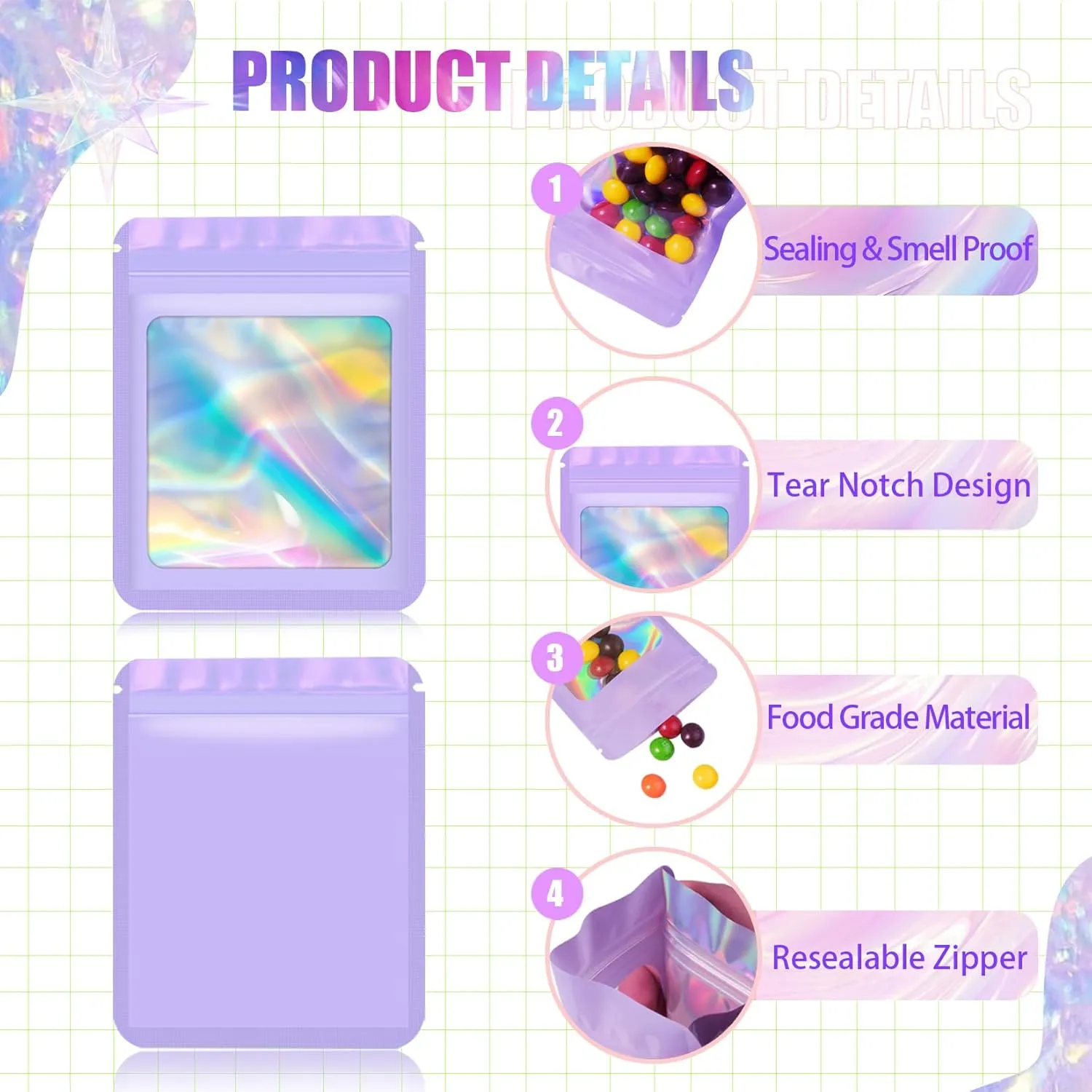 100 pcs Mylar Bags, Resealable Holographic Bags, Sealable Packaging Bags for Small Business, Freshie Supplies, Candy Sample Jewelry Product Bag, Foil Pouch for Party Favor (4×6 Inch, White)