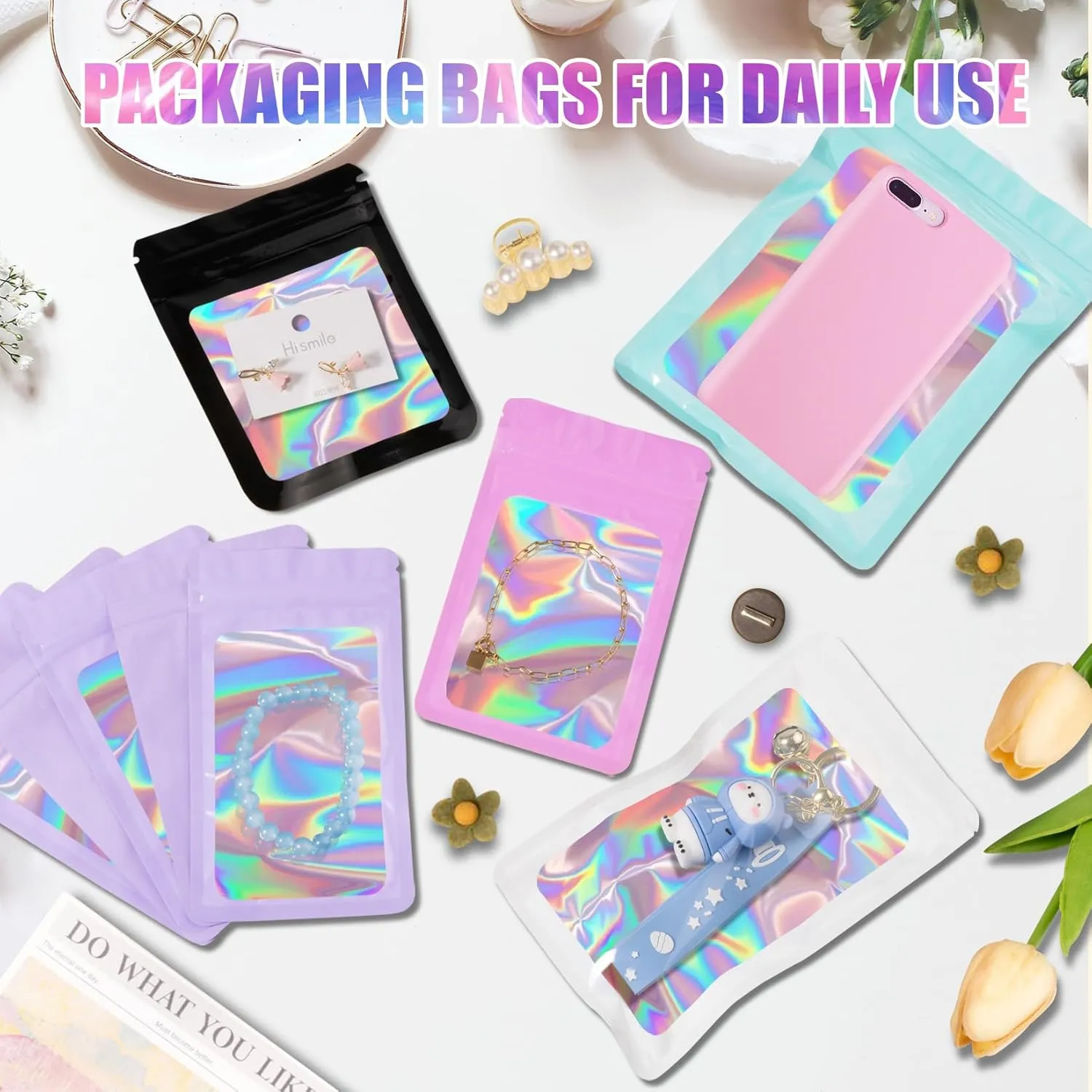 100 pcs Mylar Bags, Resealable Holographic Bags, Sealable Packaging Bags for Small Business, Freshie Supplies, Candy Sample Jewelry Product Bag, Foil Pouch for Party Favor (4×6 Inch, White)