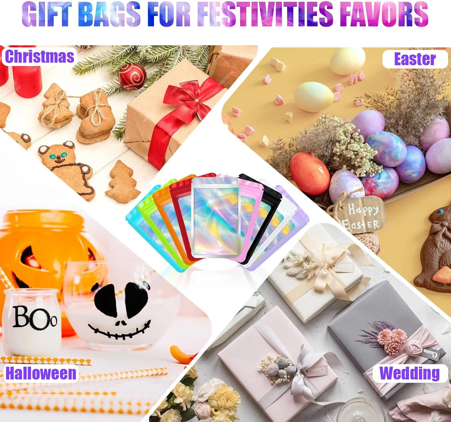 100 pcs Mylar Bags, Resealable Holographic Bags, Sealable Packaging Bags for Small Business, Freshie Supplies, Candy Sample Jewelry Product Bag, Foil Pouch for Party Favor (4×6 Inch, White)