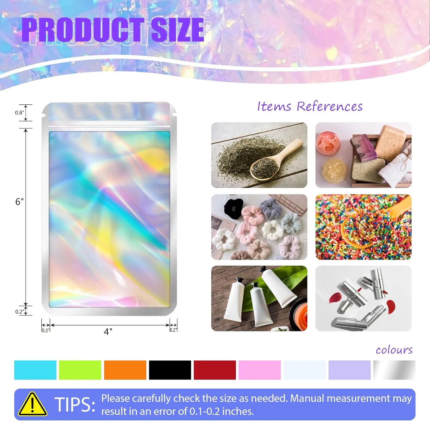 100 pcs Mylar Bags, Resealable Holographic Bags, Sealable Packaging Bags for Small Business, Freshie Supplies, Candy Sample Jewelry Product Bag, Foil Pouch for Party Favor (4×6 Inch, White)