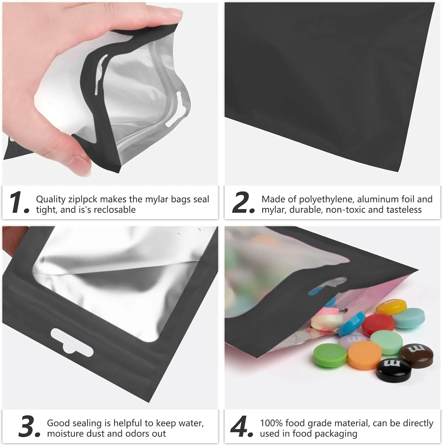 100 Pcs Resealable Mylar Bags with Clear Window Bags Packaging Bag Foil Pouch Zipper Bag for Food Self Sealing Storage Supplies (7.08x10.24 inches, Black)