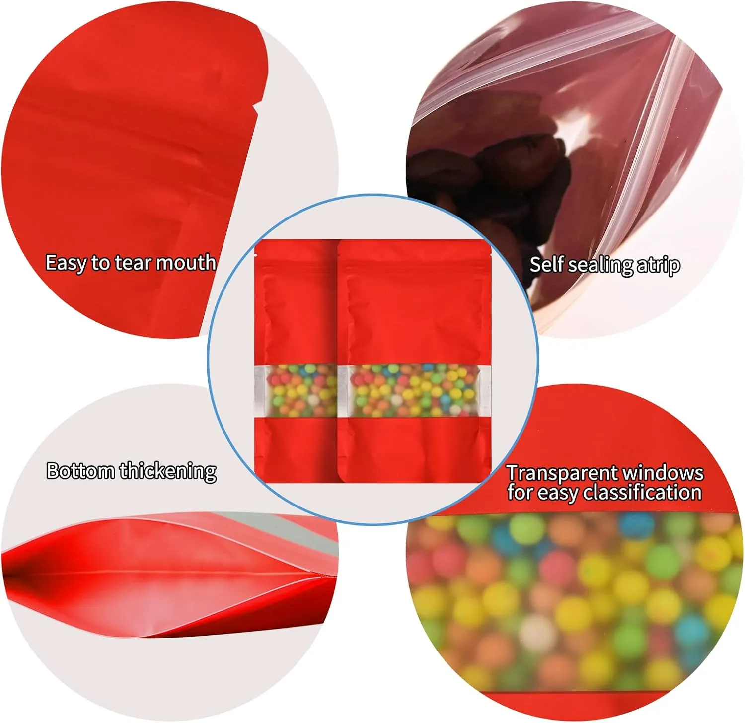 100 Pieces Smell Proof Mylar Bags, Resealable Food Storage Bags with Clear Window, Foil Pouch Stand-up Bags for Food Self Sealing Storage Supplies (Red, 4.7 x 7.8 Inch)