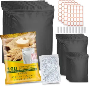 100Pack Mylar Bags 2 Sides Stand-Up Food Storage Bags with 100 Oxygen Absorbers 300cc - 1 Gallon 4 Mil 10"x14", 6"x9", 4"x6" - Resealable Bags for Packaging Product100 Sticker