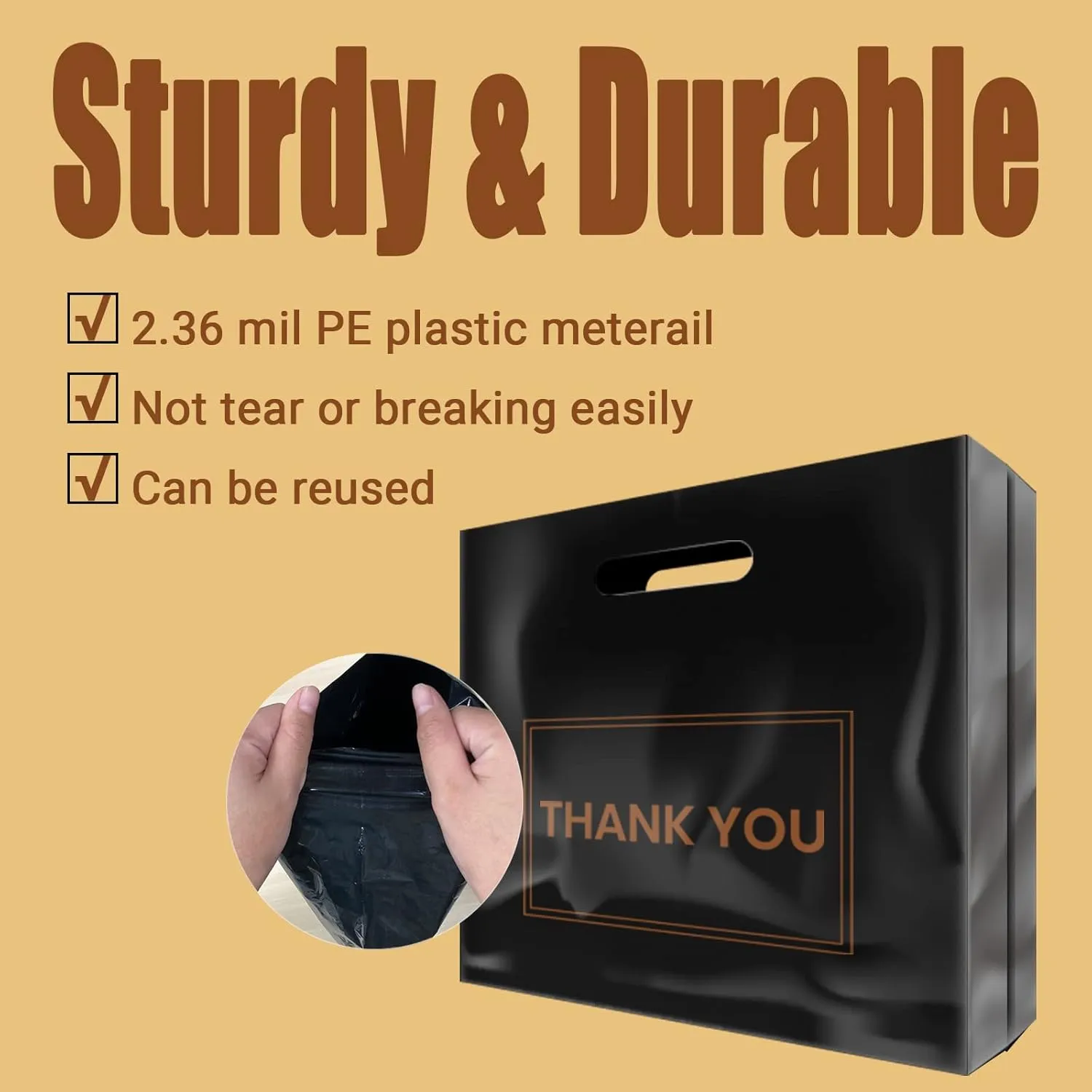 100Pcs 16x18 Inch Thank You Merchandise Bags Plastic Retail Shopping Bags for Stores, Boutique, Party, Gift, Clothes, and More Reusable Plastic Thank You Bags (Black, 2.36mil Thickness)