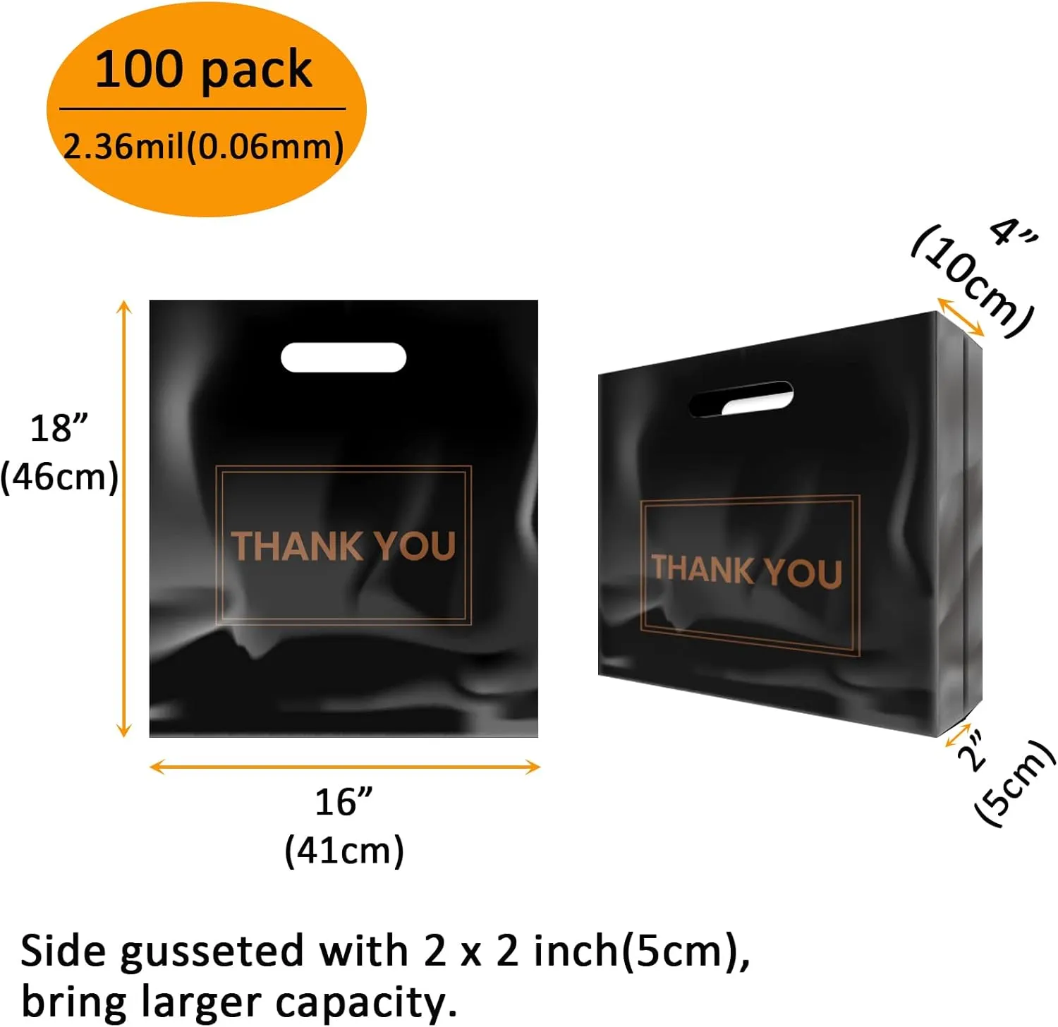 100Pcs 16x18 Inch Thank You Merchandise Bags Plastic Retail Shopping Bags for Stores, Boutique, Party, Gift, Clothes, and More Reusable Plastic Thank You Bags (Black, 2.36mil Thickness)