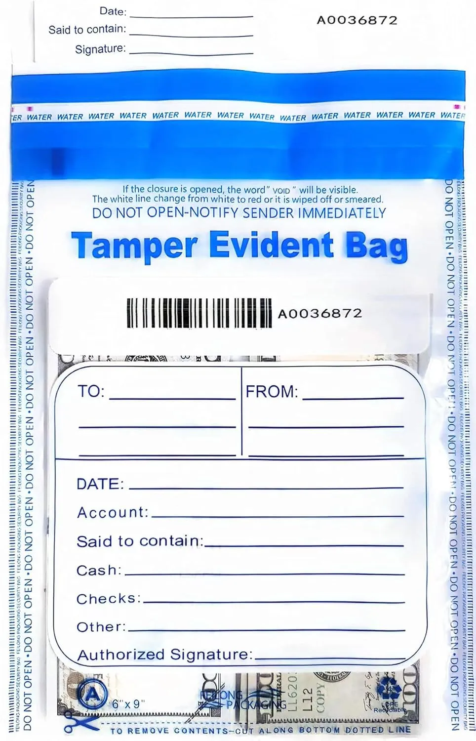 100Pcs 6""x9"" Clear Bank Deposit Bags - Tamper Evident Security Bags - Cash Bags with High Level Security Seal (Transparent, 6"" x 9"")