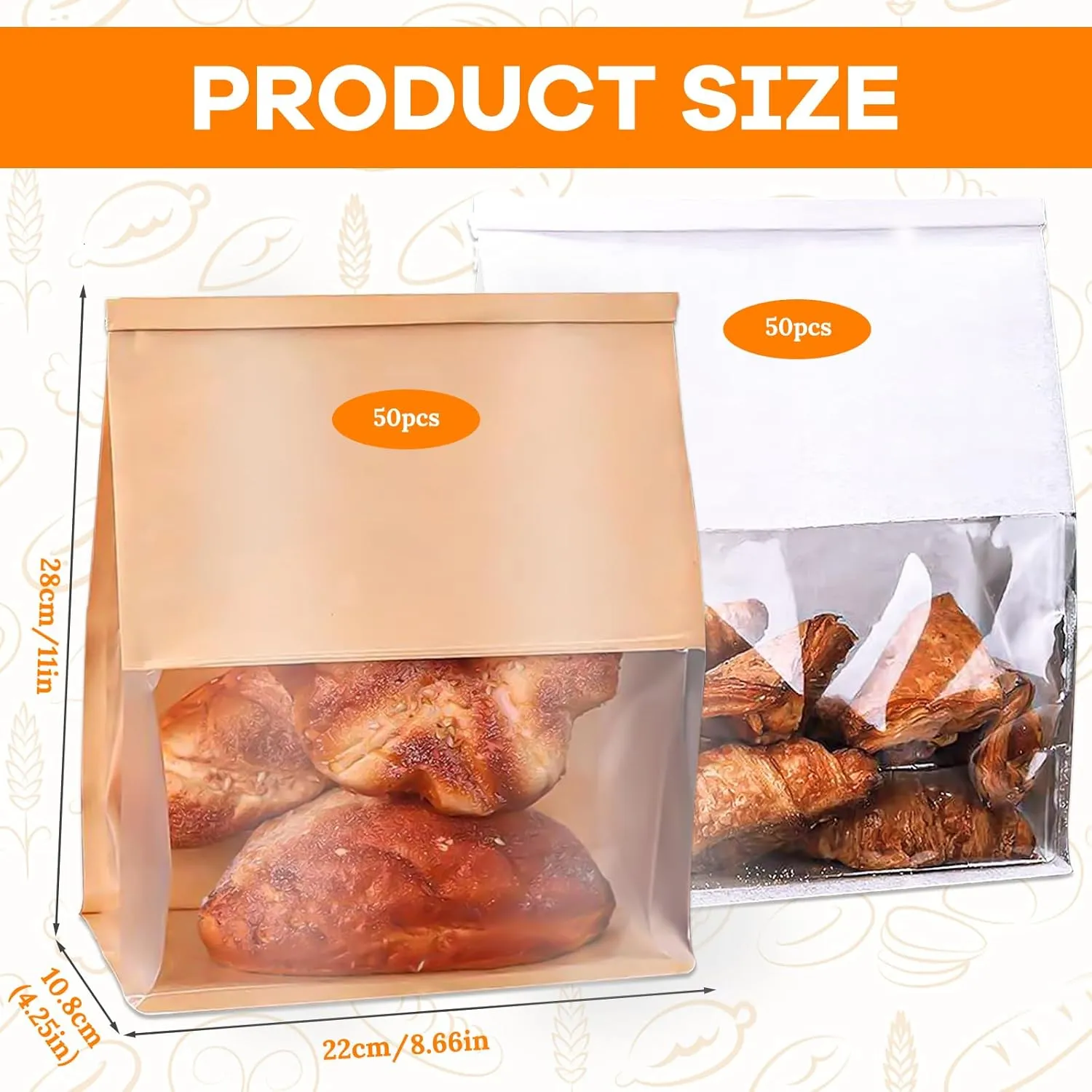 100PCS Kraft Paper Bread Bags for Homemade Bread, Large Sourdough Bread Bags with Clear Window, Loaf Bag with Tin Tie Tab Lock for Cookies, Cakes, Snacks, and Sandwiches,11” × 4.3” × 8.7”