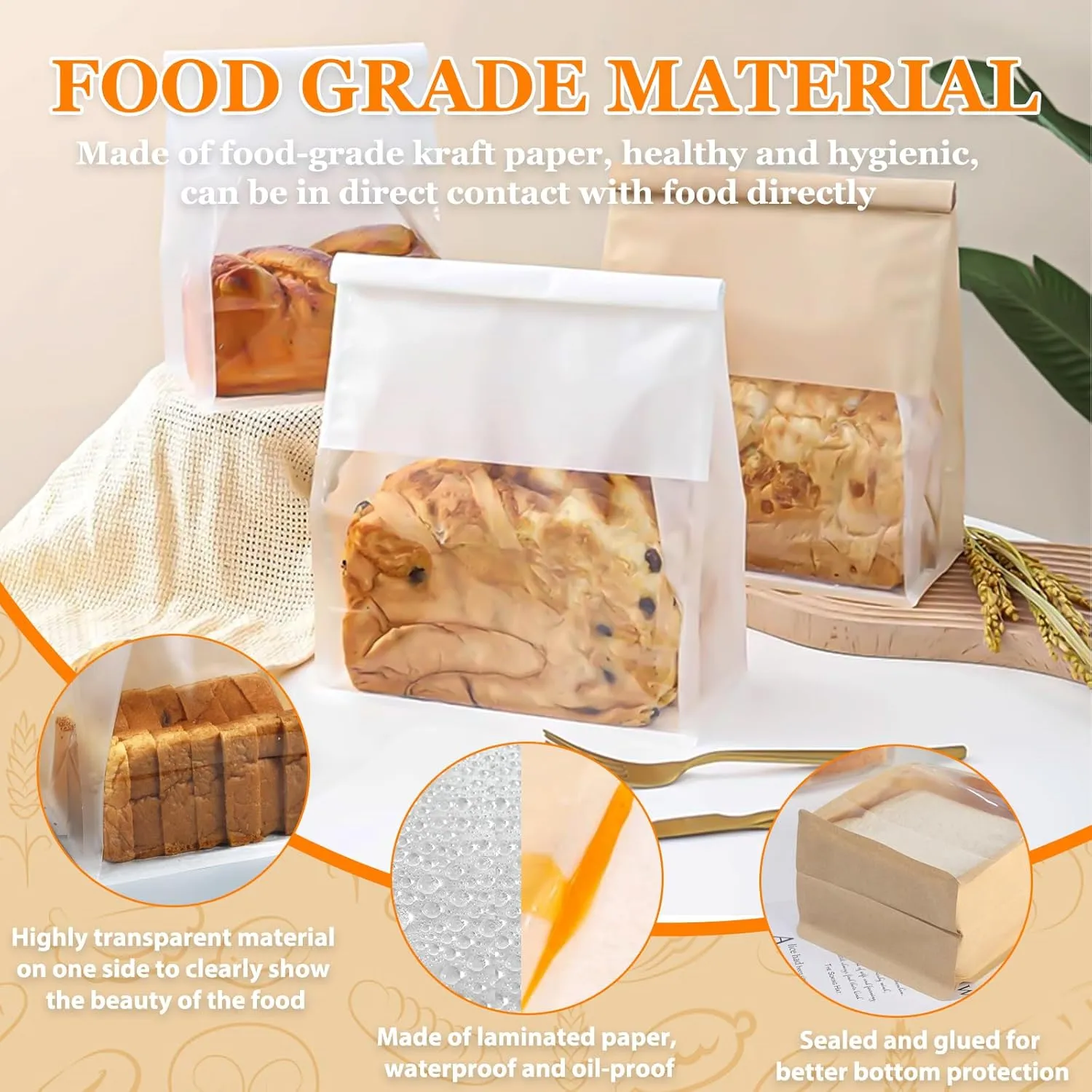 100PCS Kraft Paper Bread Bags for Homemade Bread, Large Sourdough Bread Bags with Clear Window, Loaf Bag with Tin Tie Tab Lock for Cookies, Cakes, Snacks, and Sandwiches,11” × 4.3” × 8.7”