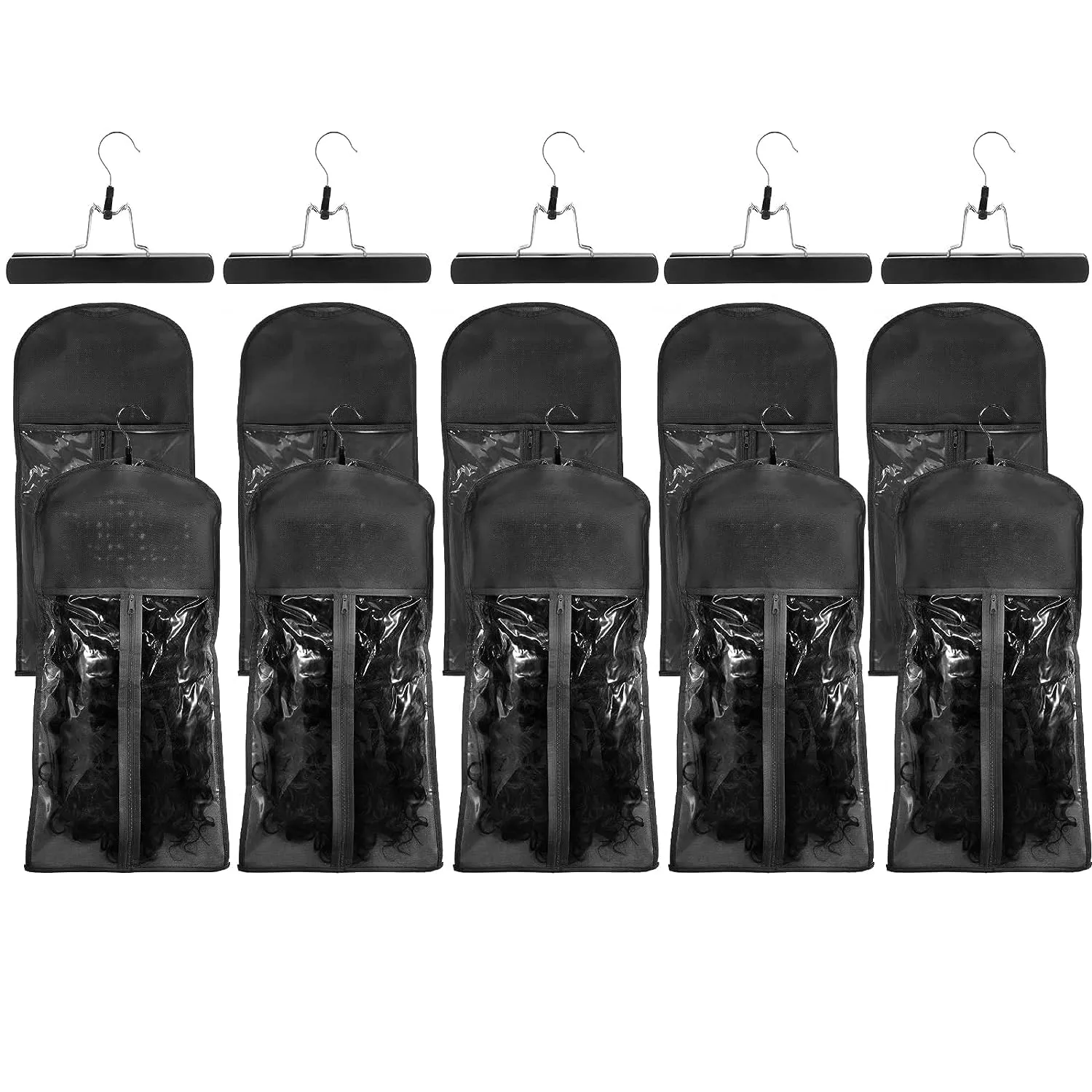 10pcs Hair Extensions Hanger Bags Dust Proof Wig Storage Bag Portable Hair Extension Storage Bag Strong Holder Wigs Carrier Bags with Transparent Zip Up Closure - (Black)