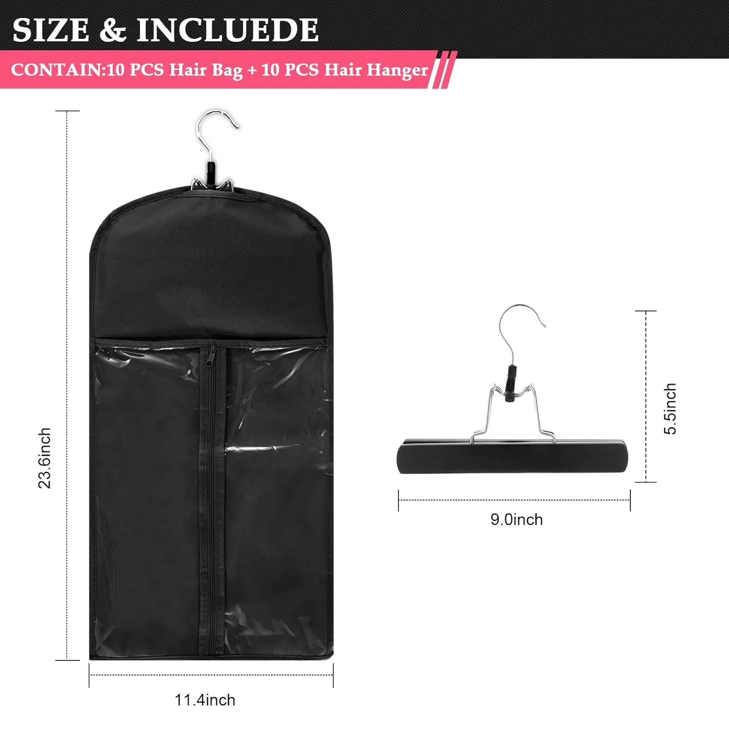 10pcs Hair Extensions Hanger Bags Dust Proof Wig Storage Bag Portable Hair Extension Storage Bag Strong Holder Wigs Carrier Bags with Transparent Zip Up Closure - (Black)
