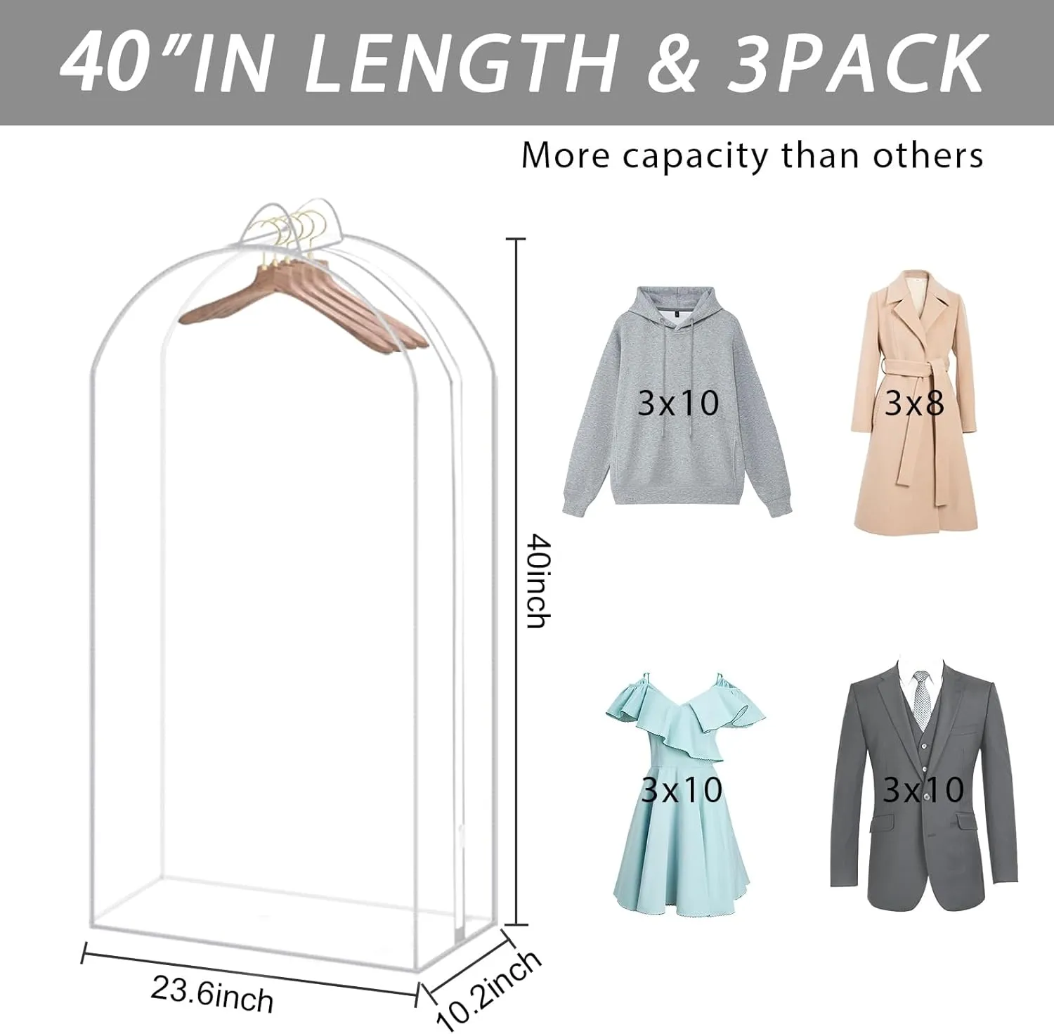10" Clear Garment Bags for Hanging Clothes- 40" Gusseted Coat Bags for Closet Storage, Plastic Clothes Storage Covers Bags for Suit, Dresses, 3 Packs