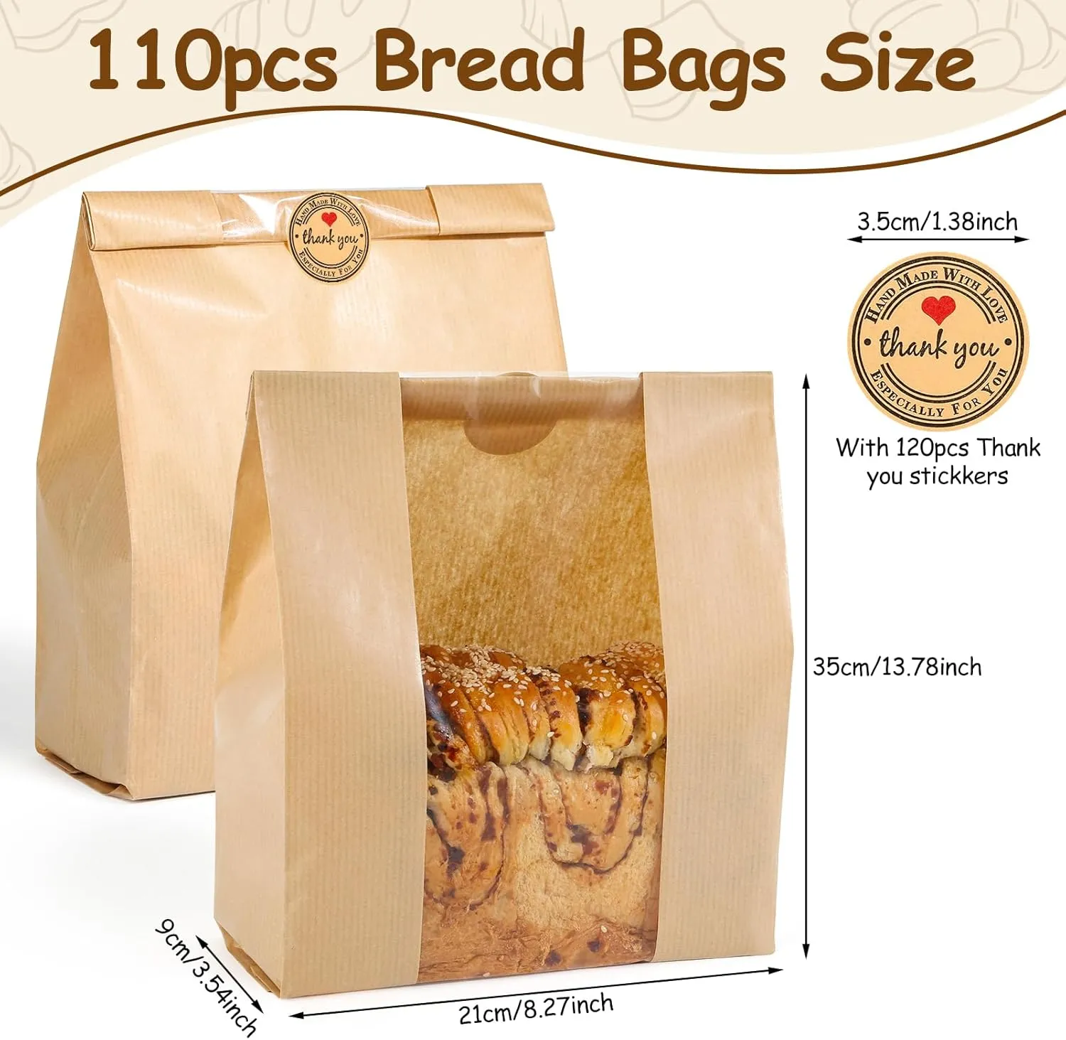 110 Pcs Bread Bags for Homemade Bread With Window Sourdough, 13.78x8.27x3.54 in, Sublaga Paper Bread Bags with 120Pcs Sealing Stickers, Packaging and Storage of Baked Goods Suitable for Bakers (110)