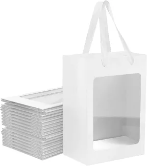 12 Pcs White Kraft Paper Gift Bags with Transparent Window, 9.84"x7.0"x5.12" Kraft Shopping Bags with Handles for Present, Festivals Party