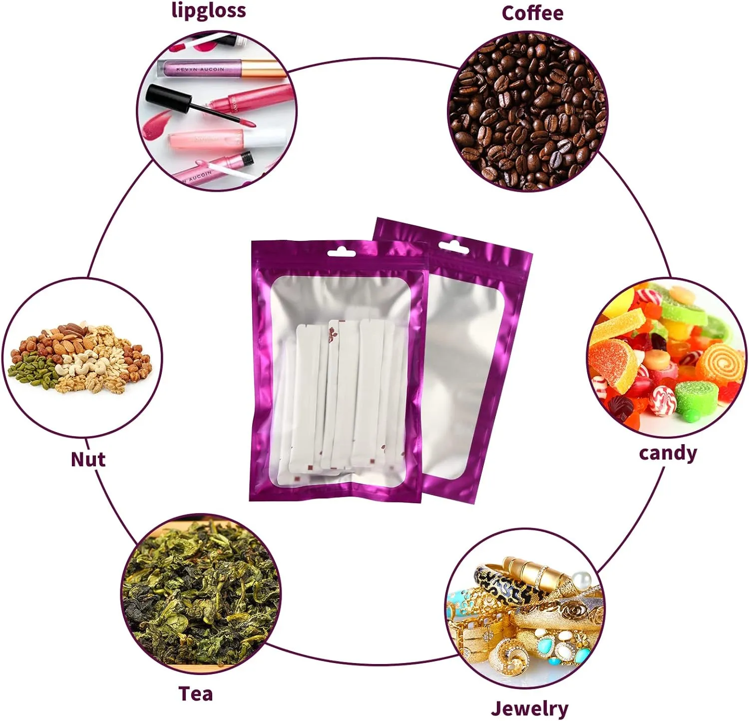 120 PCS-7x10 Reclosable Mylar Bags Purple for Food Storage, Resealable Mylar Bag 1 Quart with Clear Window for Small Businesses, Smell Proof Aluminum Foil Ziplock Edible Packaging Bag for Candies