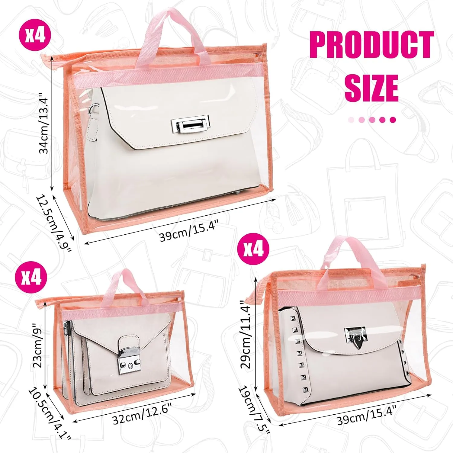 12pcs Dust Bags for Handbags,Clear Purse Storage Bags for Women,3 Size Purse Organizer Purse Cover Hanging Closet Organizer with Zipper (Pink)