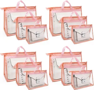 12pcs Dust Bags for Handbags,Clear Purse Storage Bags for Women,3 Size Purse Organizer Purse Cover Hanging Closet Organizer with Zipper (Pink)