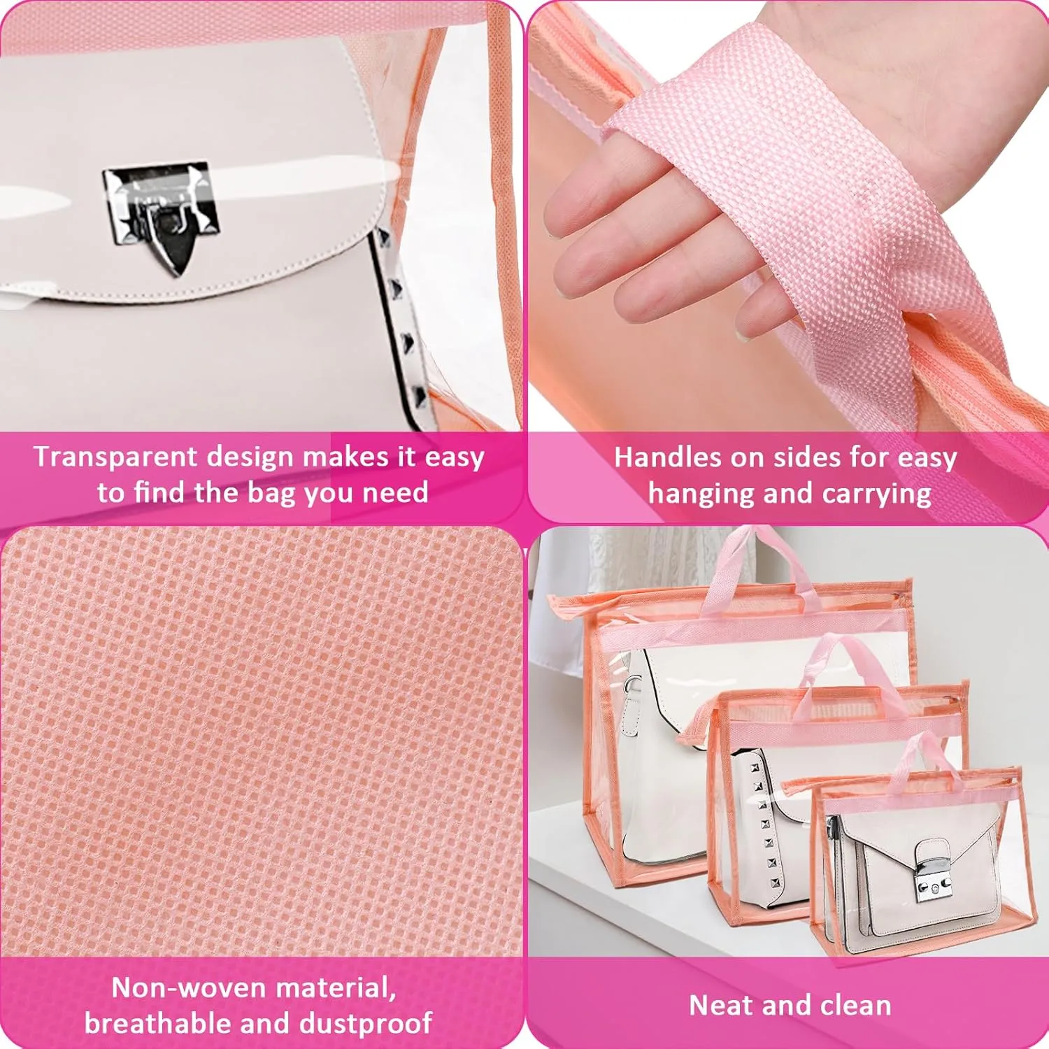 12pcs Dust Bags for Handbags,Clear Purse Storage Bags for Women,3 Size Purse Organizer Purse Cover Hanging Closet Organizer with Zipper (Pink)