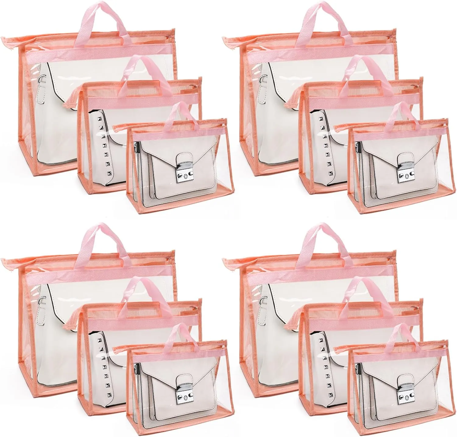 12pcs Dust Bags for Handbags,Clear Purse Storage Bags for Women,3 Size Purse Organizer Purse Cover Hanging Closet Organizer with Zipper (Pink)